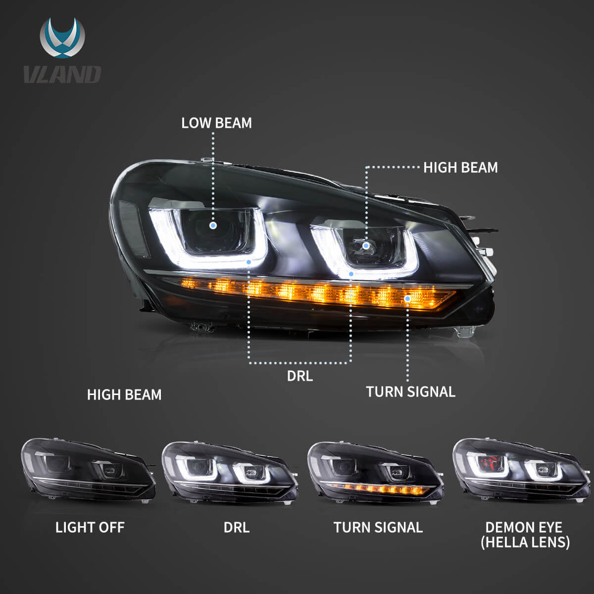 VLAND VW Golf Mk6 2009-2014 Dual Beam Projector Aftermarket Headlights With Demon Eyes Black non gti